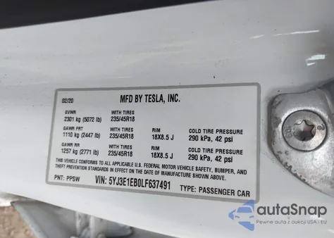 2020 Tesla Model 3 Long Range Dual Motor All-Wheel Drive из США, поврежденный, VIN 5YJ3E1EB0LF637491